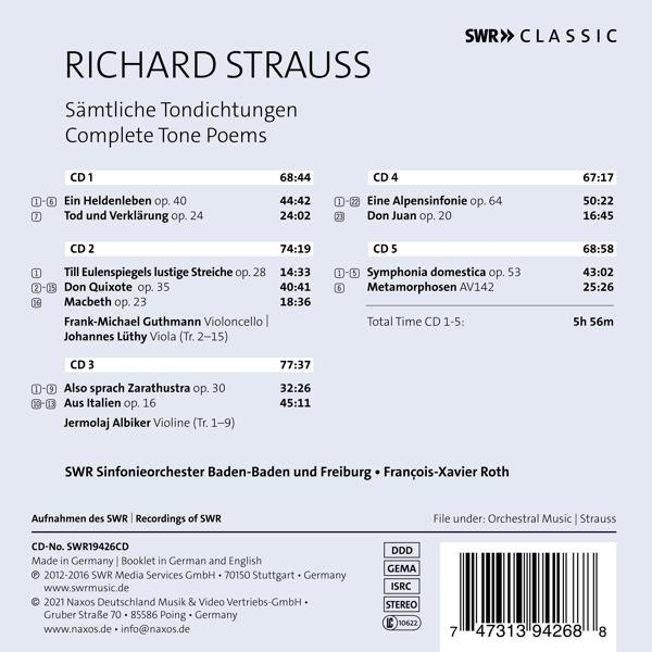 CD-Cover mit Richard Strauss' Sämtliche Tondichtungen. Text und Noten auf weißem Hintergrund.