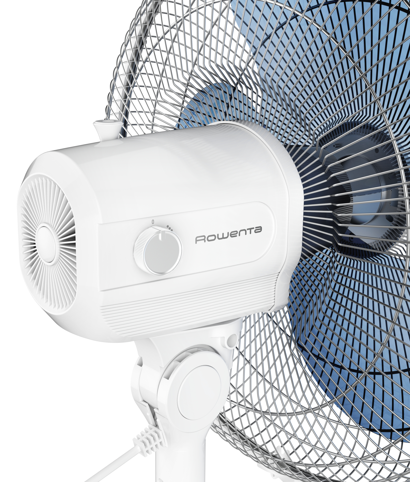 White fan with a blue blade cover. The fan has a control panel with the word "Rowenta" on it.
