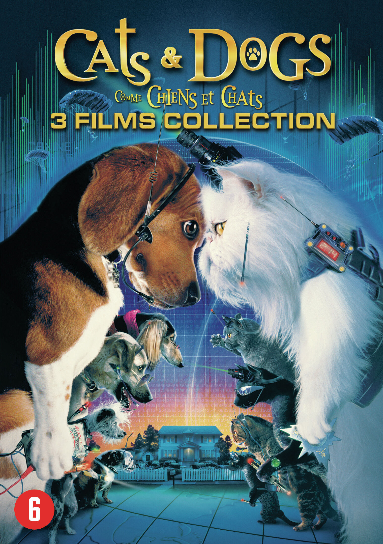 Filmposter met een hond en kat die tegenover elkaar staan. Titel: Cats & Dogs.