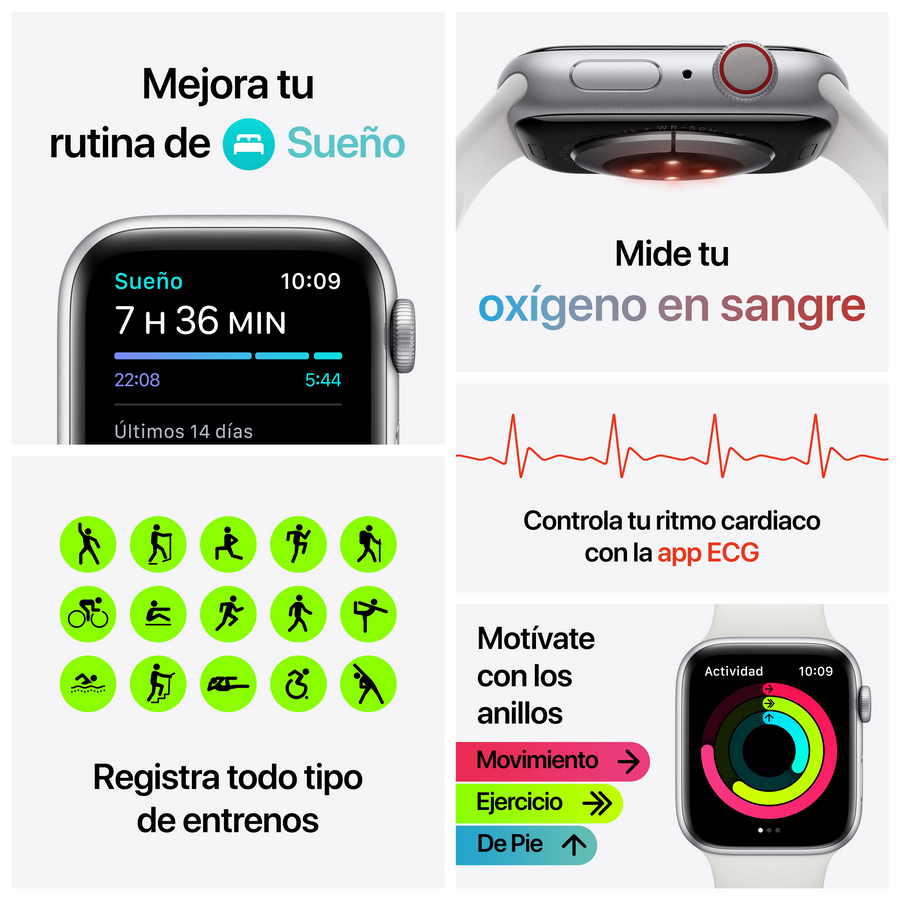 Un collage de información sobre un reloj inteligente, que muestra datos de salud y fitness.