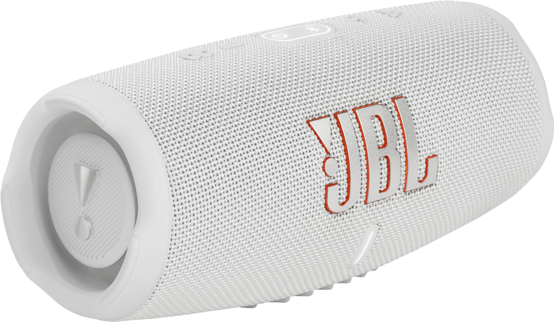 Haut-parleur JBL blanc avec logo JBL orange, forme cylindrique.