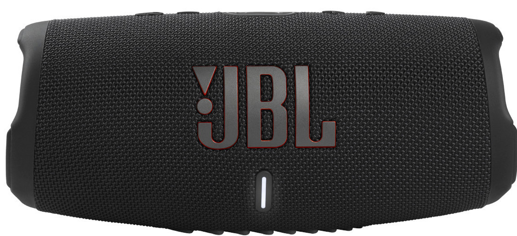 Black JBL speaker with red JBL logo.  A white light is on the bottom. 