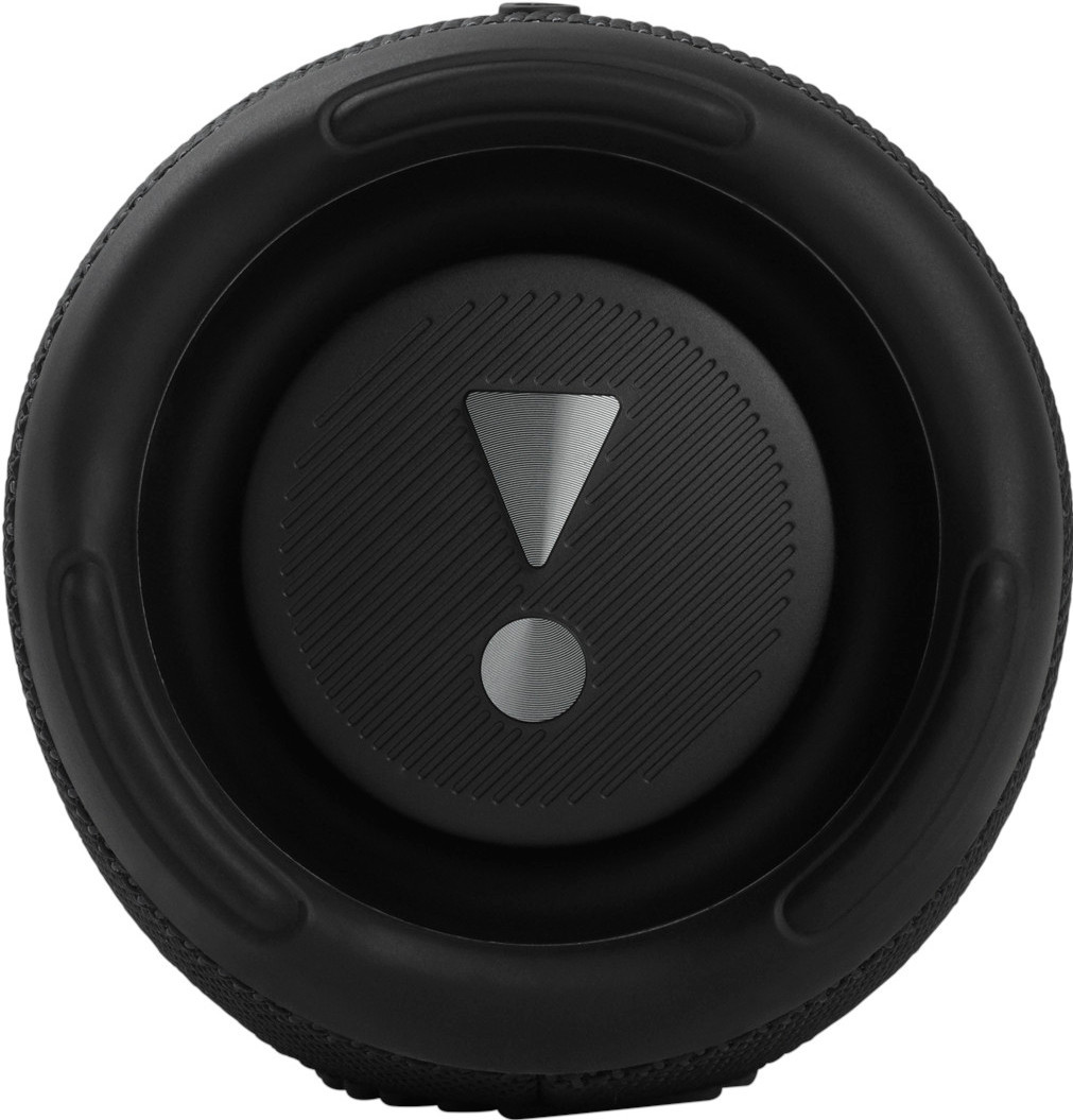 A black speaker with a silver exclamation mark.