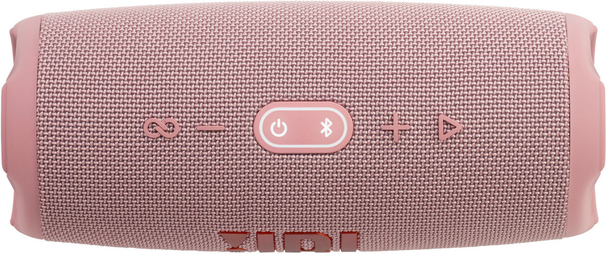 Roze luidspreker met bedieningsknoppen. Het woord 'JBL' is zichtbaar.