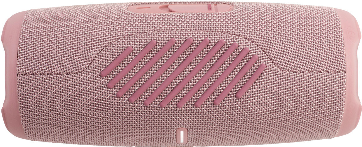 Roze stoffen JBL-luidspreker. Diagonale lijnen aan de voorkant en roze rubberen uiteinden.