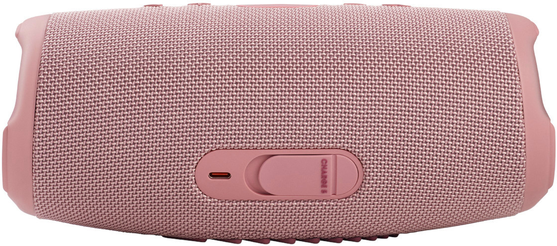 Roze draadloze luidspreker met bedieningselementen en een USB-C-poort, op een witte achtergrond.