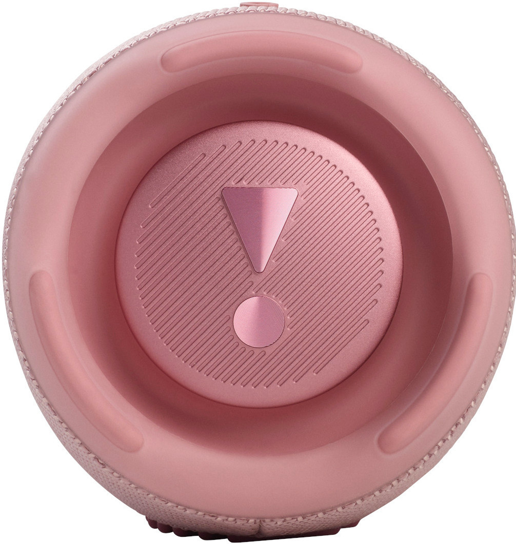 Roze JBL-luidspreker, uitroepteken logo, ronde vorm, gestructureerd oppervlak.