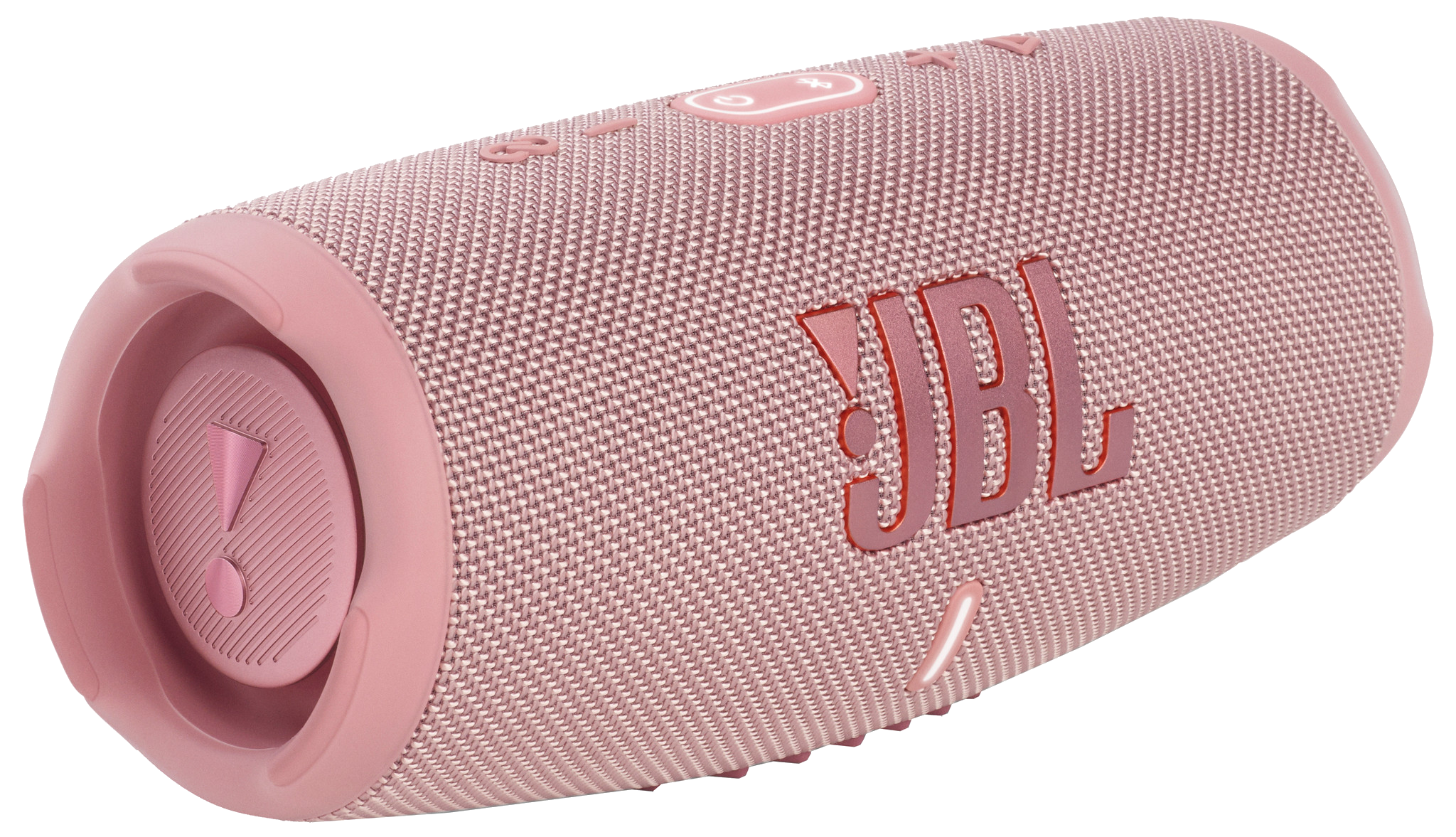 Roze JBL-luidspreker op zwarte achtergrond. JBL-logo in rood.