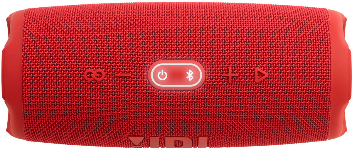 A red JBL speaker with buttons for power, Bluetooth, volume, and play/pause. JBL logo is visible.