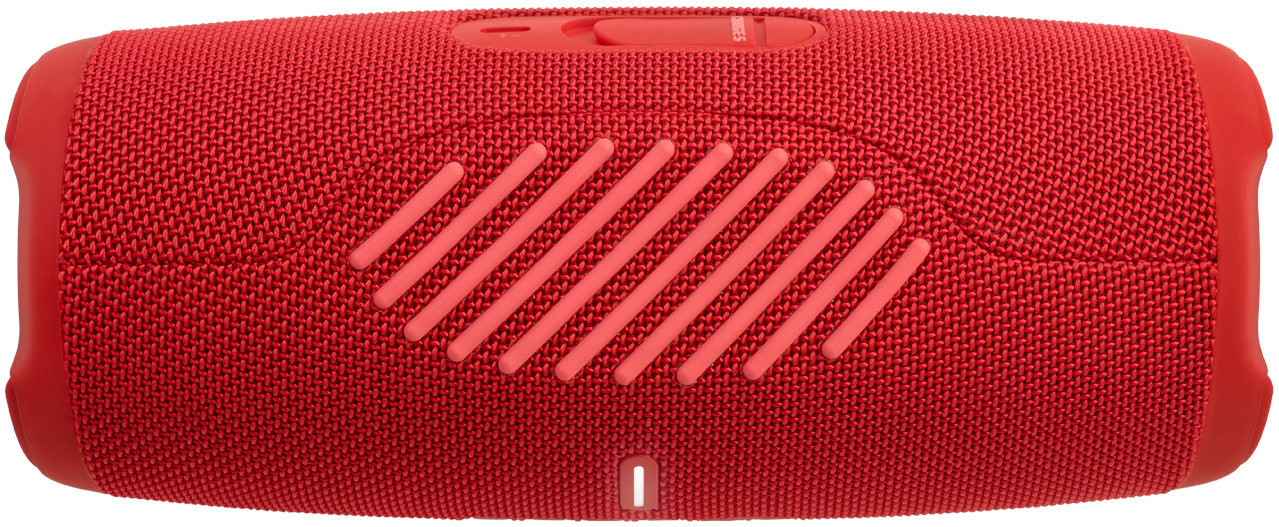 Red JBL Charge 5 speaker, top view, with design.
