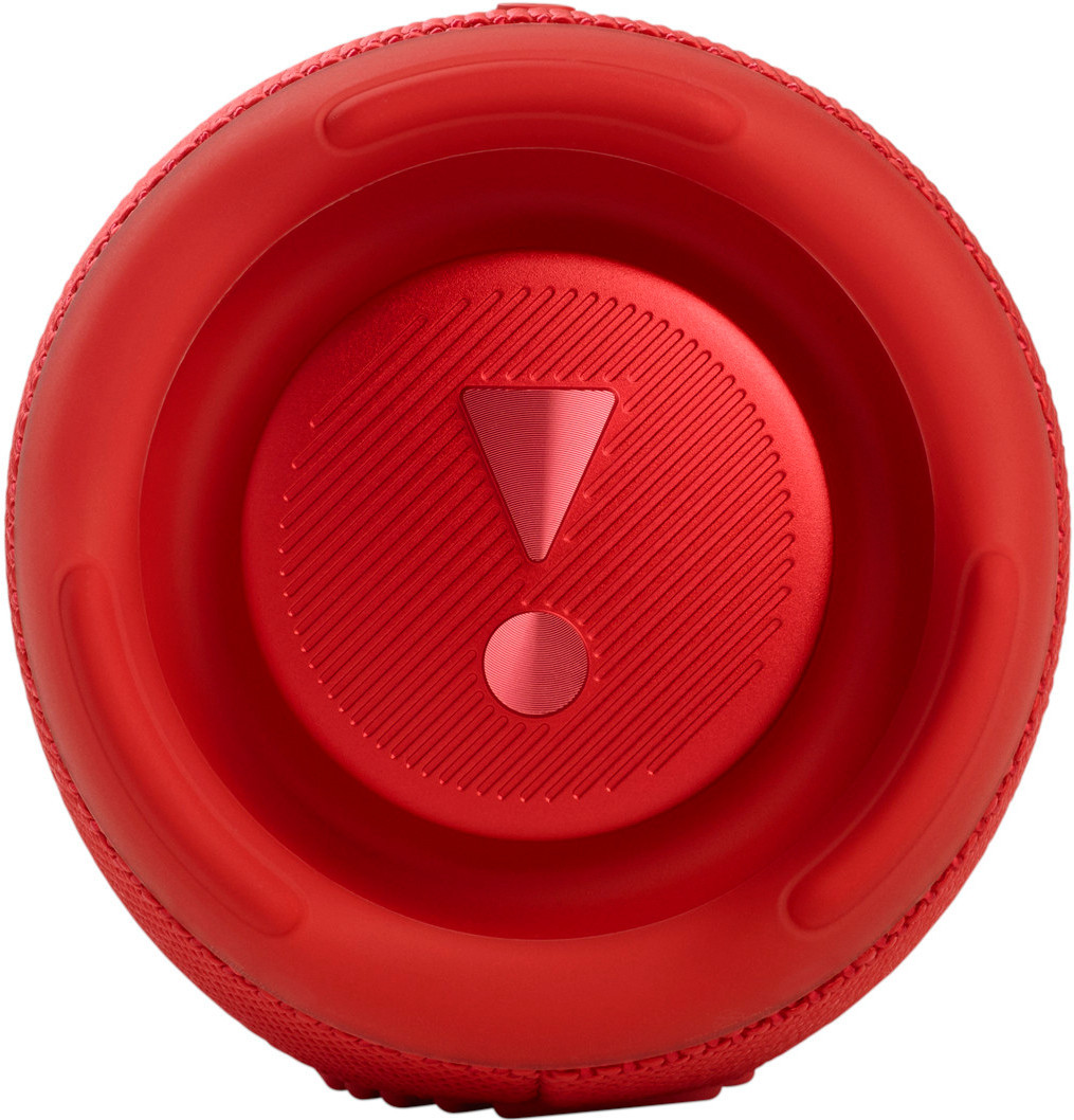 A red JBL speaker with the JBL logo. The speaker is cylindrical with a textured surface.