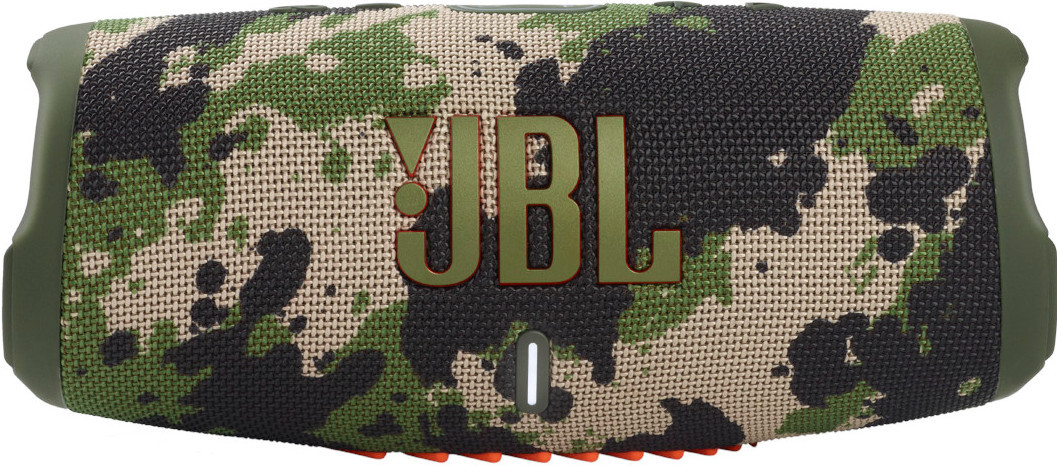 Een camouflageluidspreker met het JBL-logo in oranje.