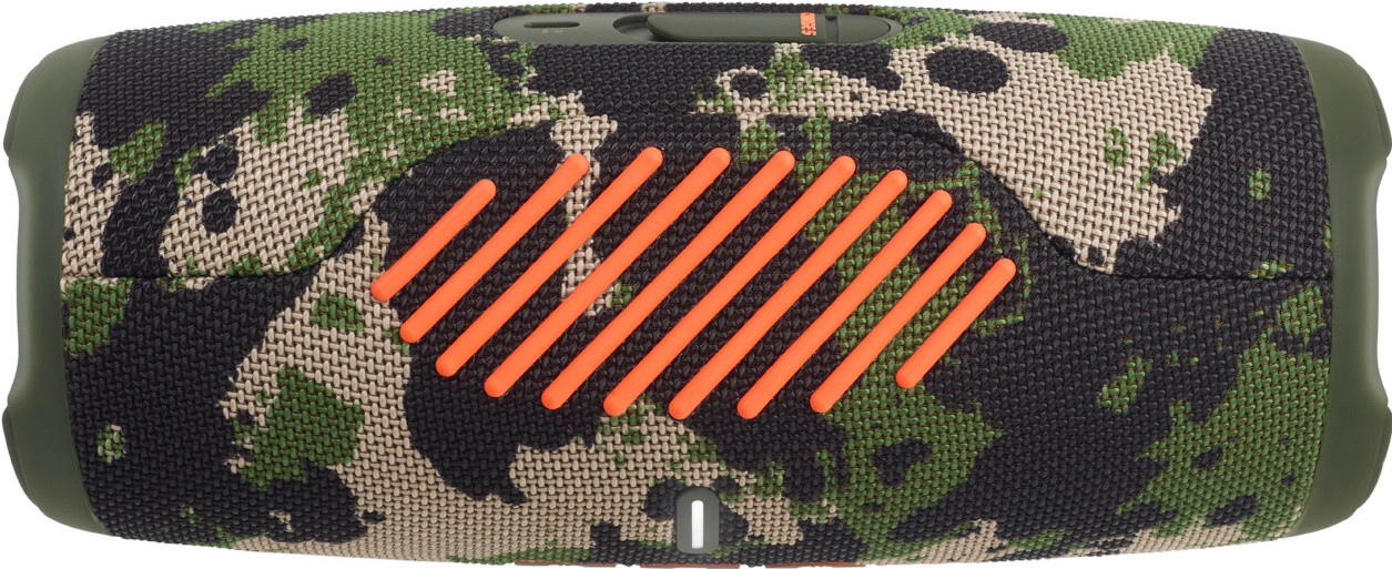 Camouflage JBL-luidspreker. Stoftextuur. Oranje diagonale lijnen. Aan/uit-knop aan de zijkant.