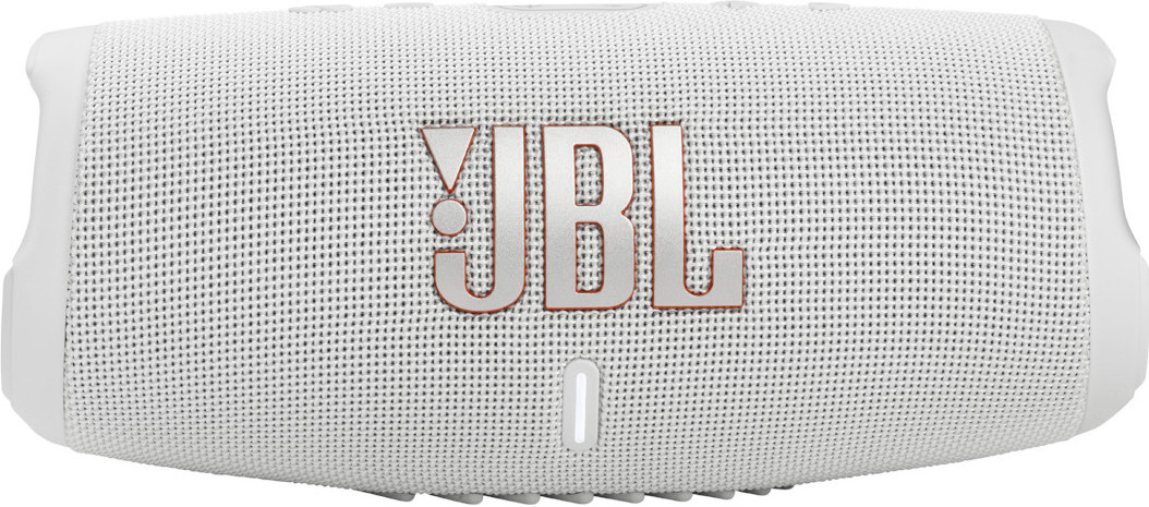 Haut-parleur JBL blanc avec logo JBL orange sur fond blanc.