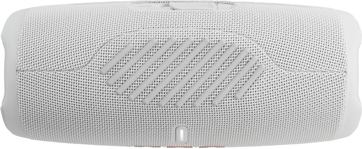 Haut-parleur blanc avec façade en maille et grille.