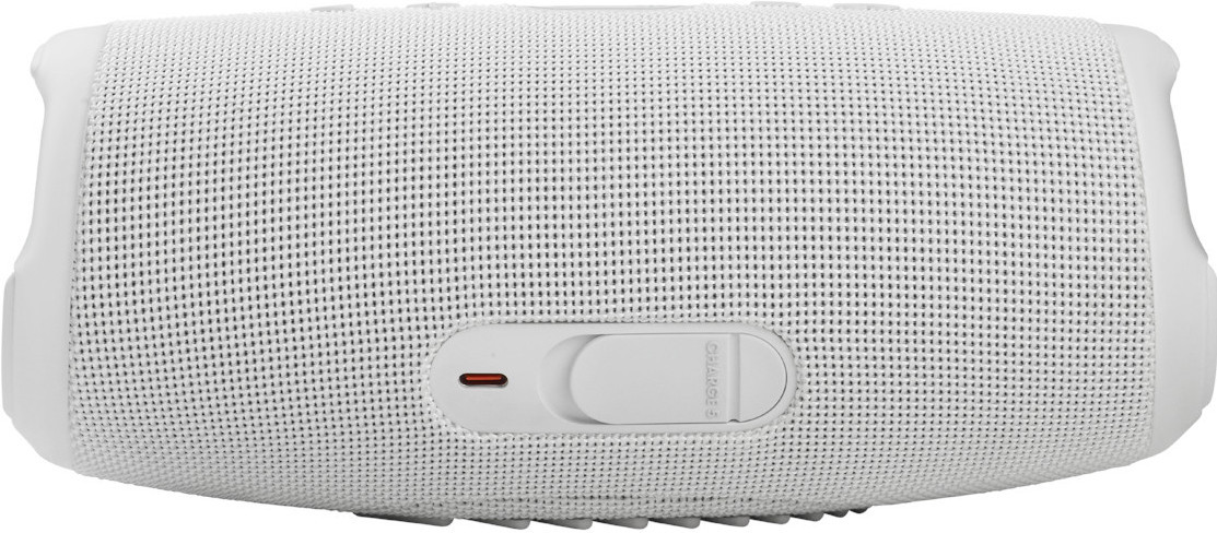 Enceinte portable blanche recouverte de mesh avec un bouton d'alimentation. L'enceinte a une forme cylindrique.