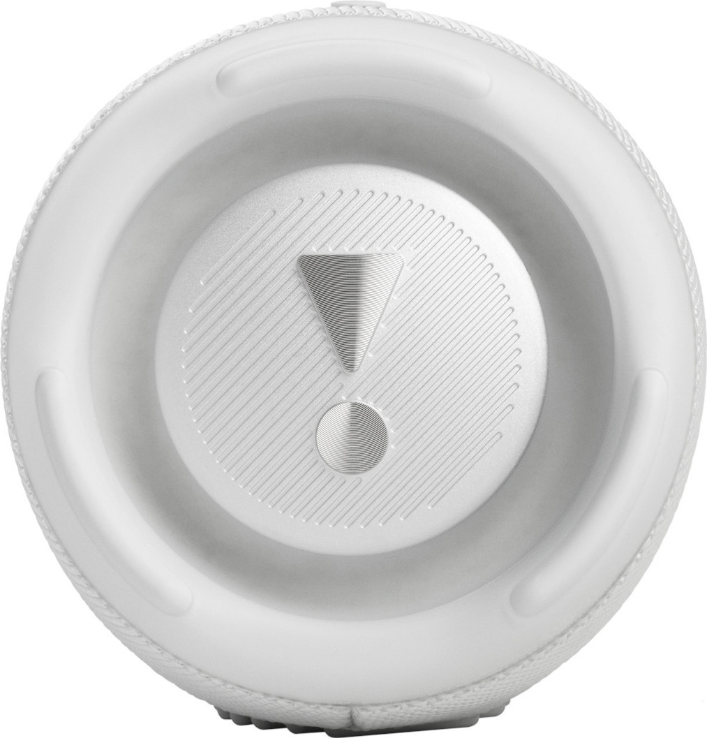 Haut-parleur cylindrique blanc. Grille argentée et un logo au centre. Cadre blanc.