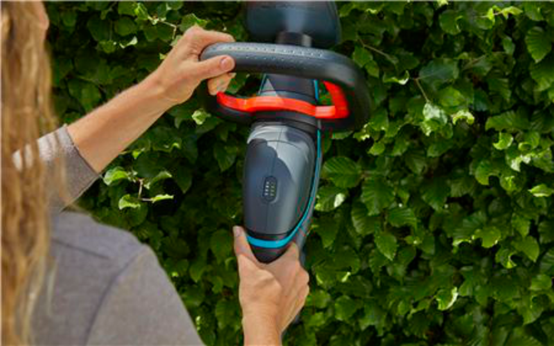 Eine Person hält eine Heckenschere vor einer Hecke.