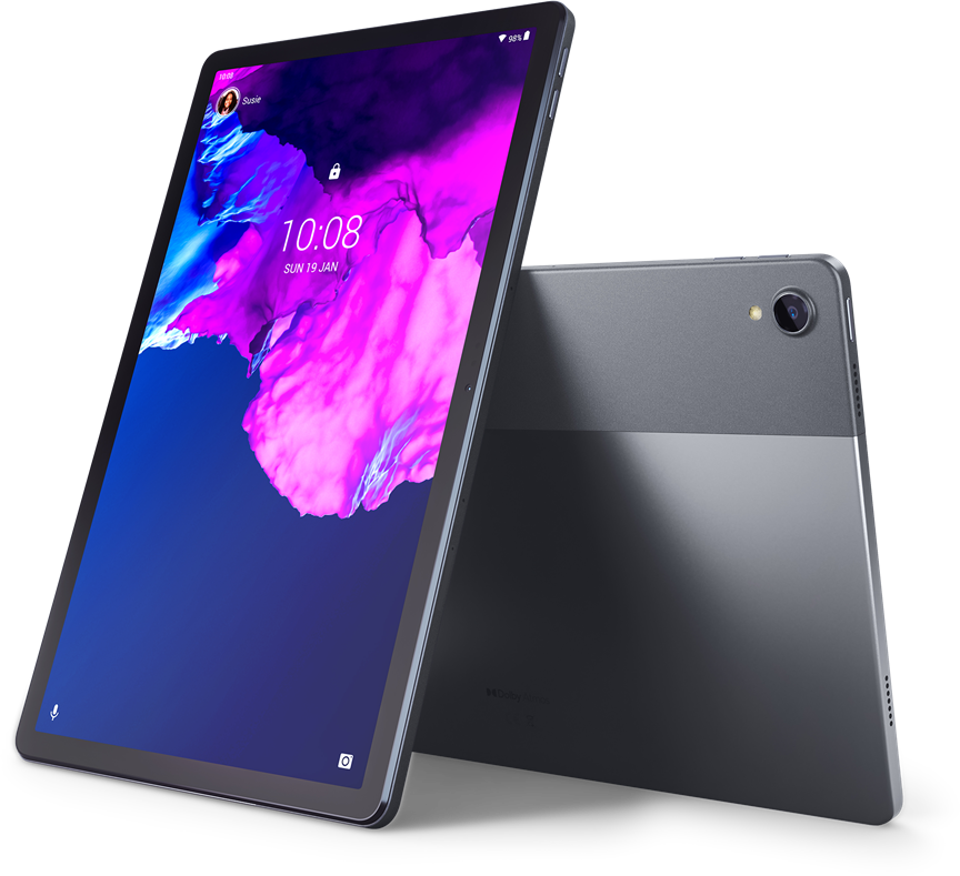 Egy Lenovo tablet fekete. A képernyő az időt mutatja. A hátlap szürke. A tablet szögben van.