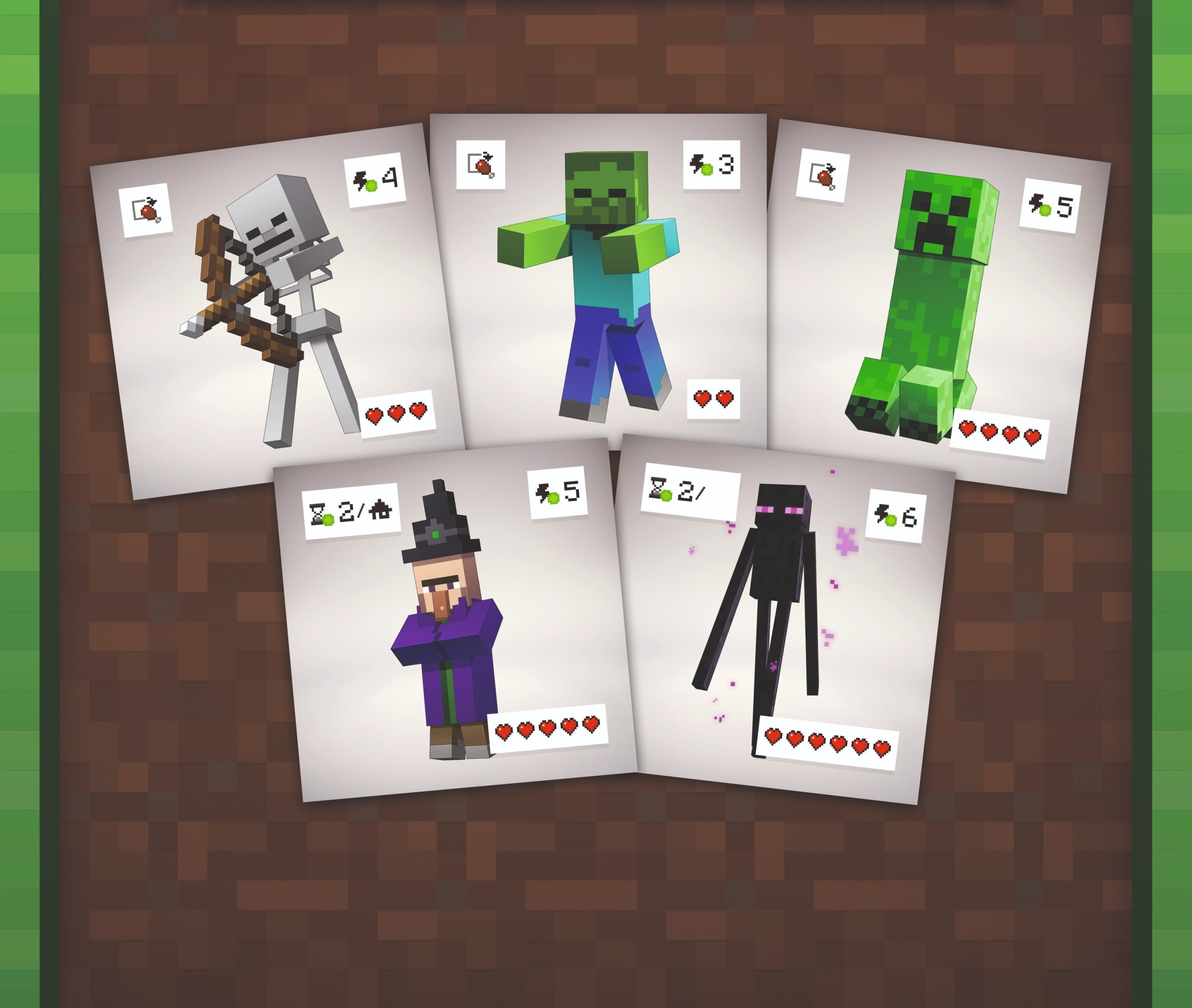 Fünf Minecraft-Karten: Skelett, Zombie, Creeper, Hexe und Enderman. Jede hat eine Nummer und Gesundheitsherzen.