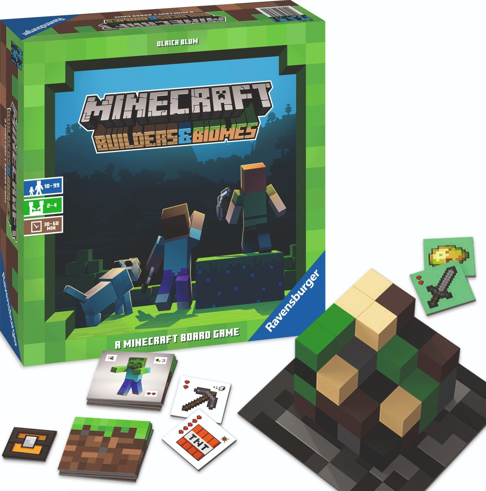 Minecraft Builders & Biomes Brettspielbox mit Charakteren, Karten und Geländeblöcken. Grün-, Blau- und Brauntöne dominieren.
