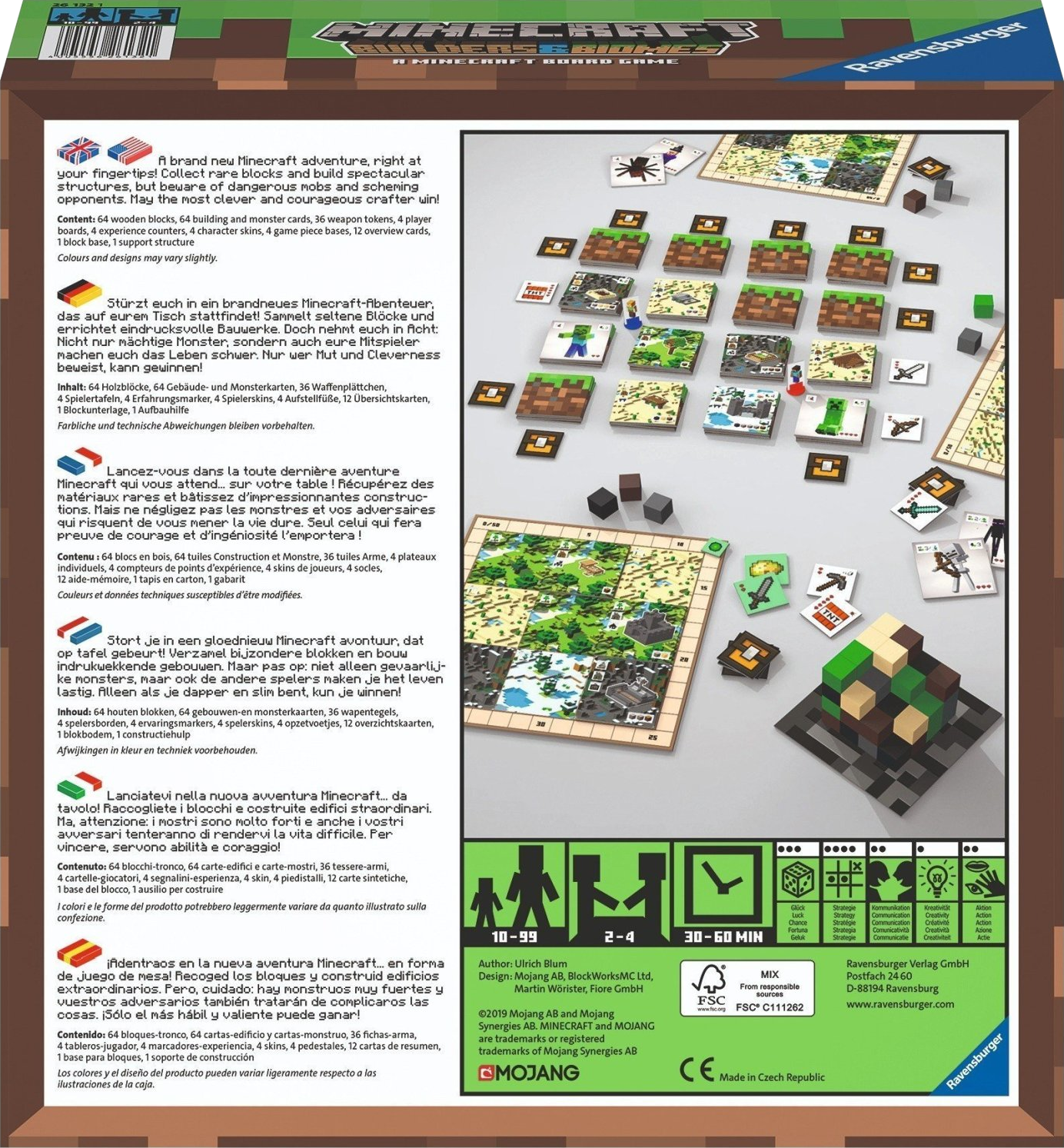 Minecraft-Brettspielbox. Zeigt Spielsteine, Logos und Textbeschreibungen.