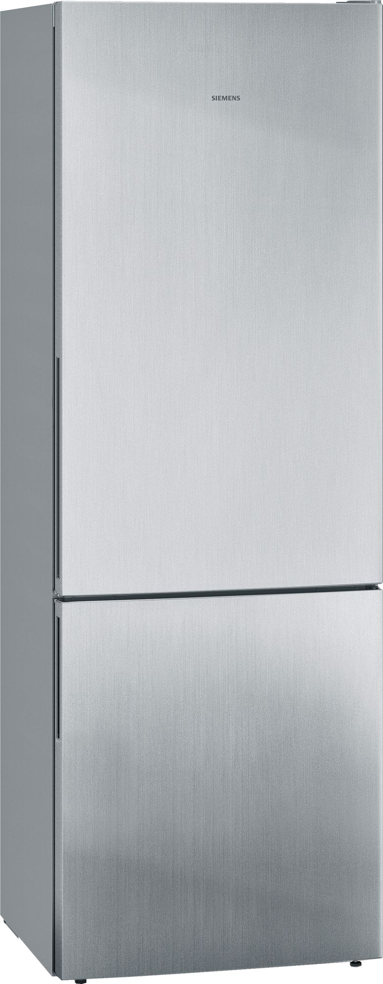 Silberner Kühlschrank. Siemens-Logo. Zwei Türen, untere Tür ist ein Gefrierschrank. Vertikal.