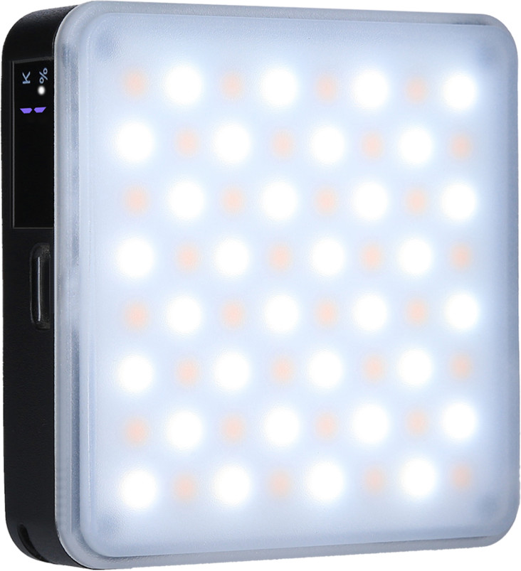 Un panneau lumineux LED carré. Il est blanc et a une bordure noire sur un côté.