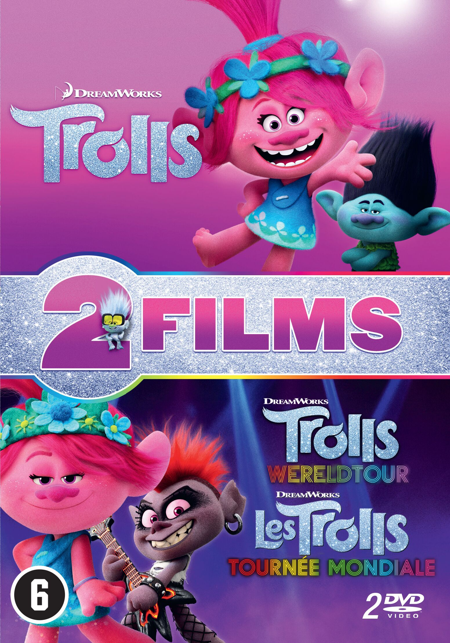 DVD-hoes van Trolls. Twee afbeeldingen van Trolls-personages worden getoond met de titel en de tekst '2 FILMS'.