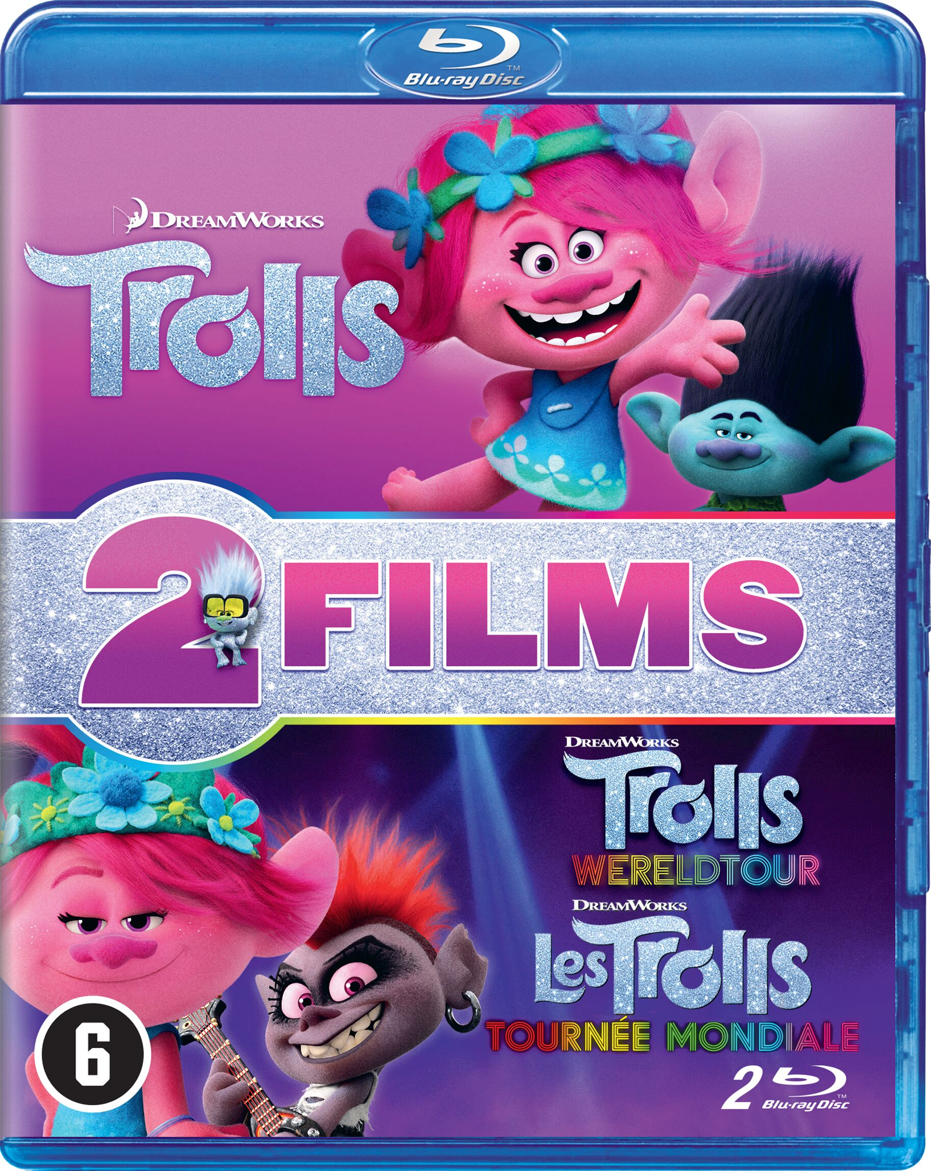 Blu-ray-hoes: Trolls 2 Films. Twee Trolls-personages, één roze en één blauw, op een paarse achtergrond.