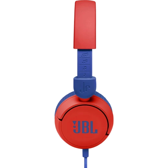 Kırmızı ve mavi JBL Jr. kulaklık. JBL markası görünür.