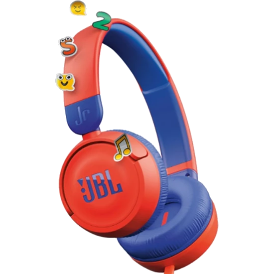 Çıkartmalı kırmızı ve mavi JBL Jr. kulaklık. Kafa bandı kırmızı ve mavi, kulaklık başlıkları kırmızı.