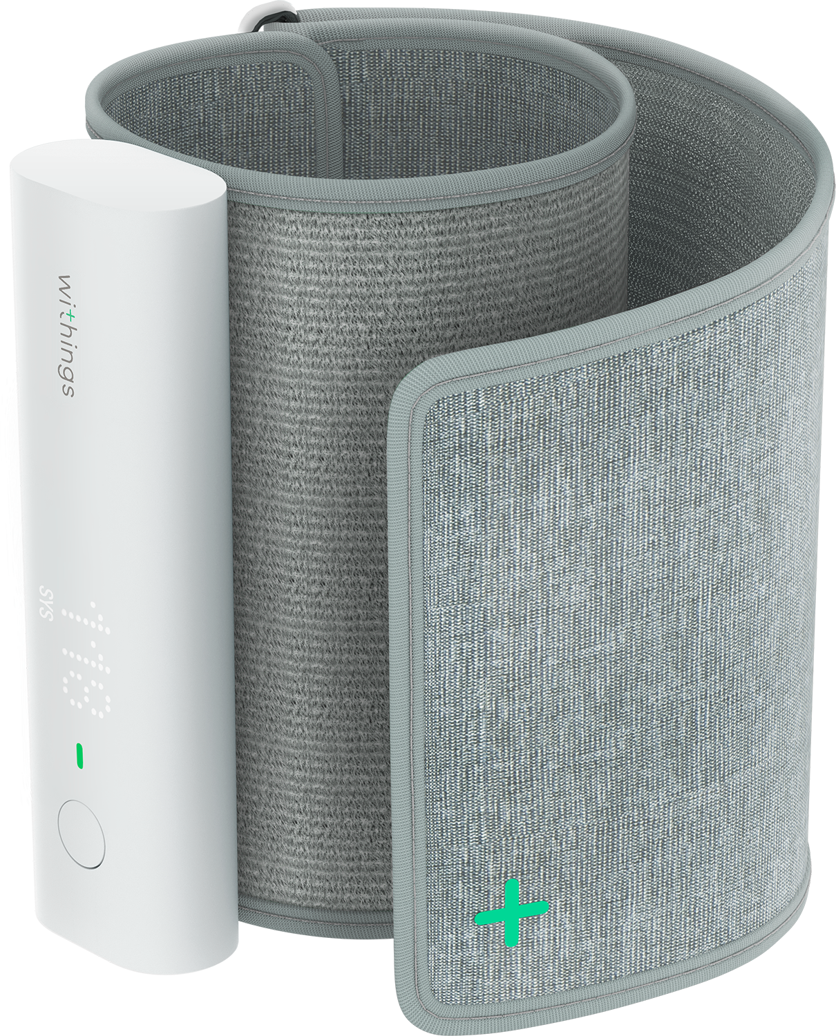 Een witte Withings bloeddrukmeter met een grijze manchet, die metingen weergeeft. Een groen plusteken staat op de manchet.