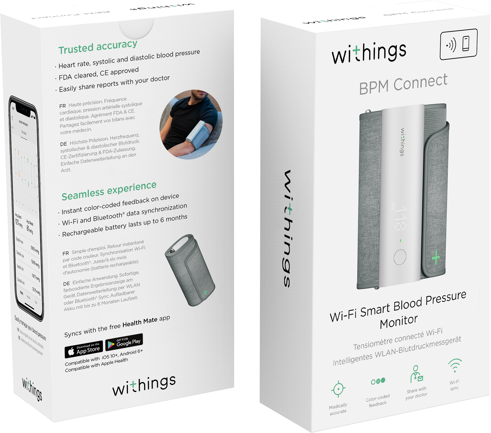 Een witte doos met het Withings-logo en BPM Connect. Het toont ook een bloeddrukmeter en een smartphone.
