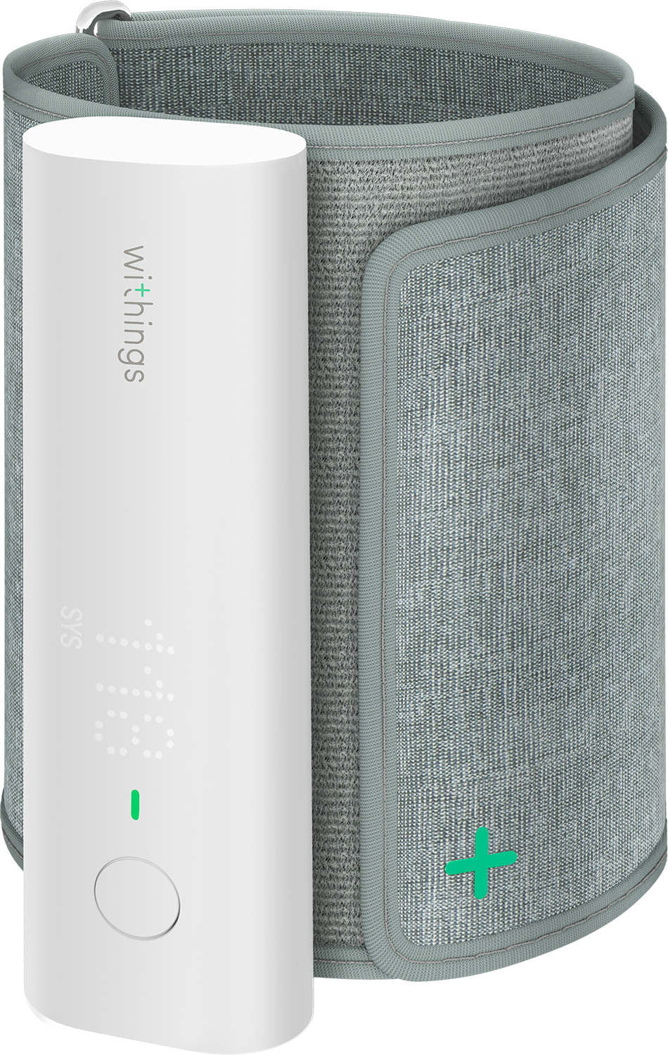 Witte bloeddrukmeter met grijze manchet. De meter toont cijfers en een groen plusteken op de manchet.