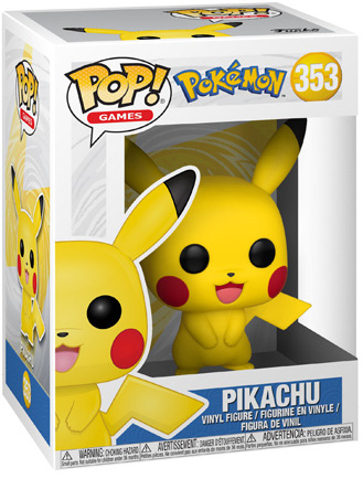 Pikachu Funko Pop figure in a box. Pikachu is yellow with red cheeks and black-tipped ears.