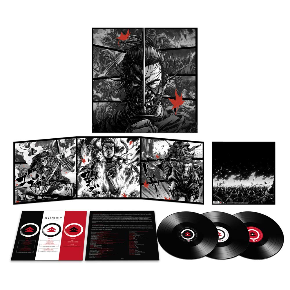 Ghost of Tsushima bakelit szett. Tartalmazza az album borítóját, három lemezt és további műalkotásokat.