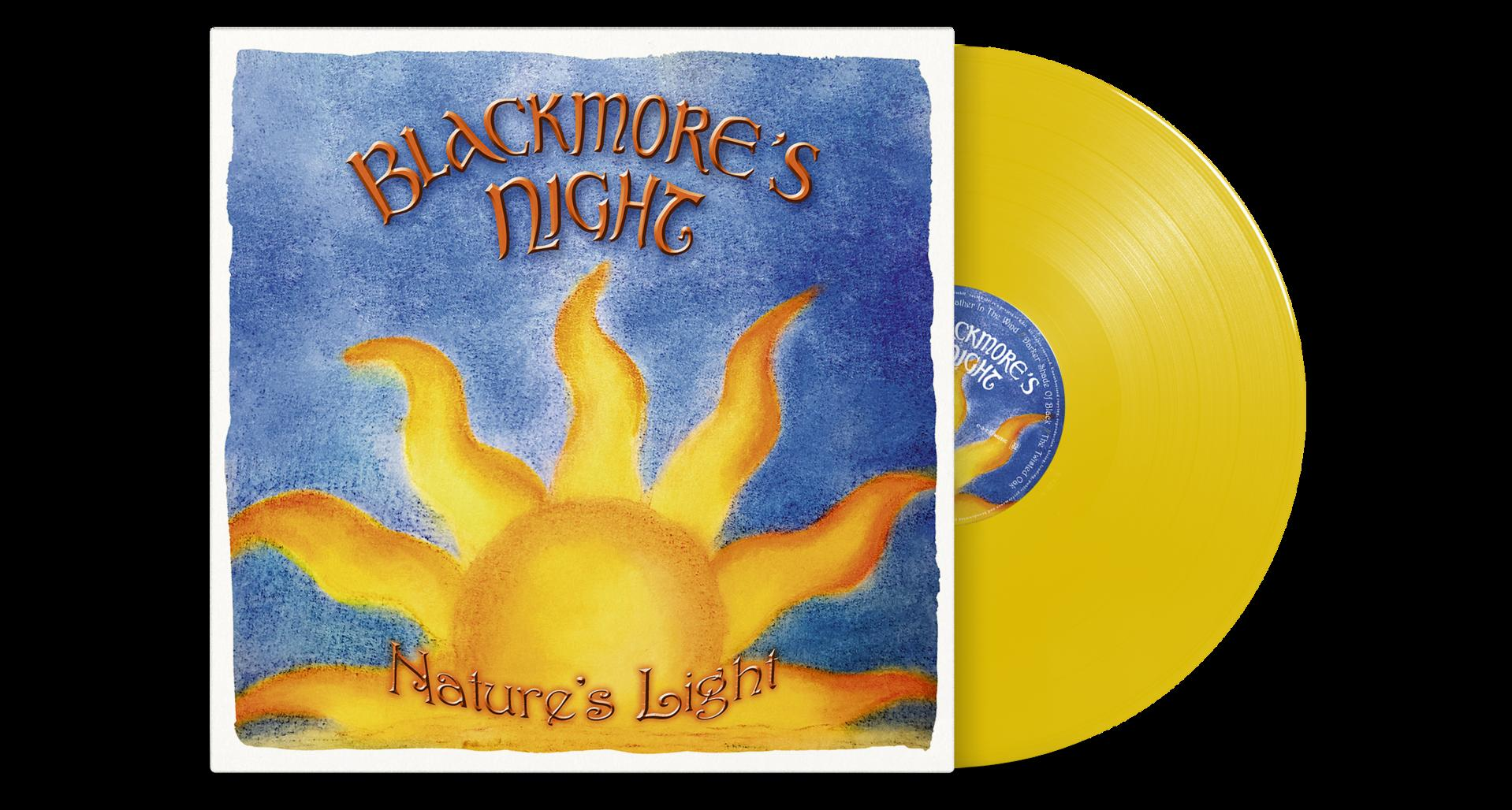 Albumcover mit gelber Vinyl-Schallplatte. Kunst zeigt Sonne mit blauem Himmel.