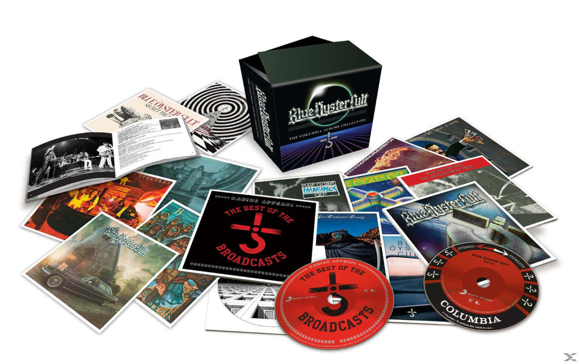 Blue Oyster Cult albumok borítóinak és egy box set-nek a gyűjteménye. Különböző albumok borítói láthatók.