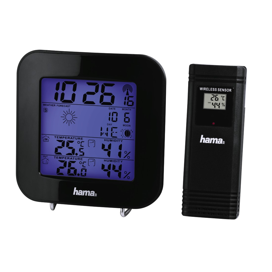 Black weather station with display showing time, date, and temperature. A wireless sensor is next to it.