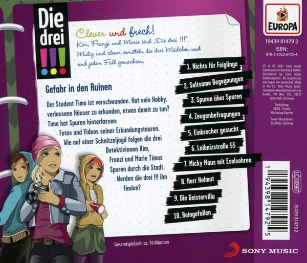Rückseite einer Die Drei CD mit einer Cartoon-Illustration und Titelliste.