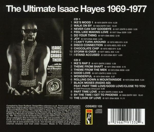 "The Ultimate Isaac Hayes 1969-1977" album borítója. Férfi napszemüvegben, szöveg, számlista.