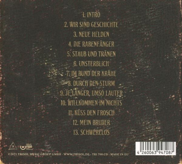 CD-Rückseite mit Titelliste auf Deutsch. Braunstichig, Text: 1. Intro; 2. Wir sind Geschichte...