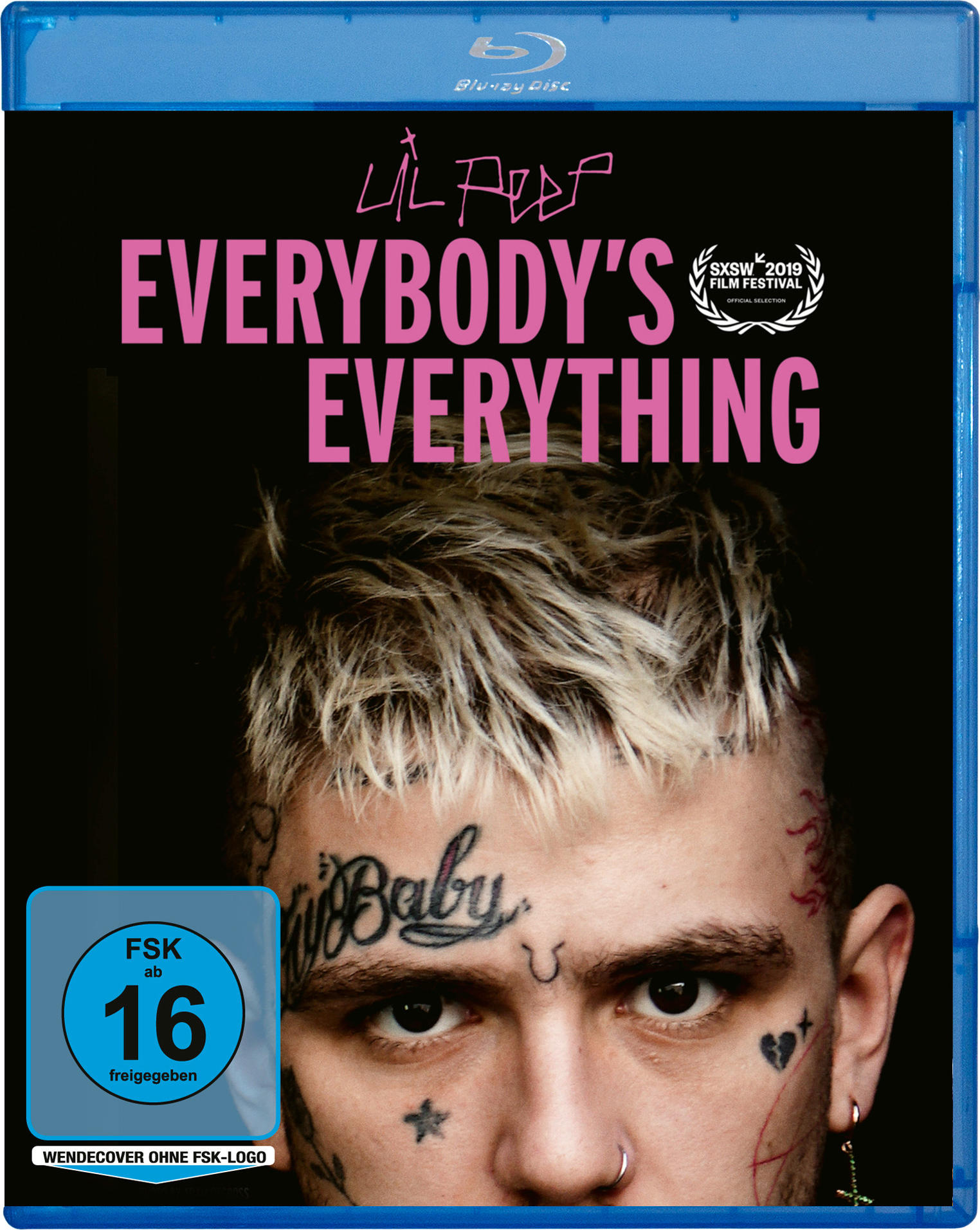 Blu-ray-Cover von 'Everybody's Everything' mit einer Nahaufnahme des Gesichts einer Person und Tattoos.