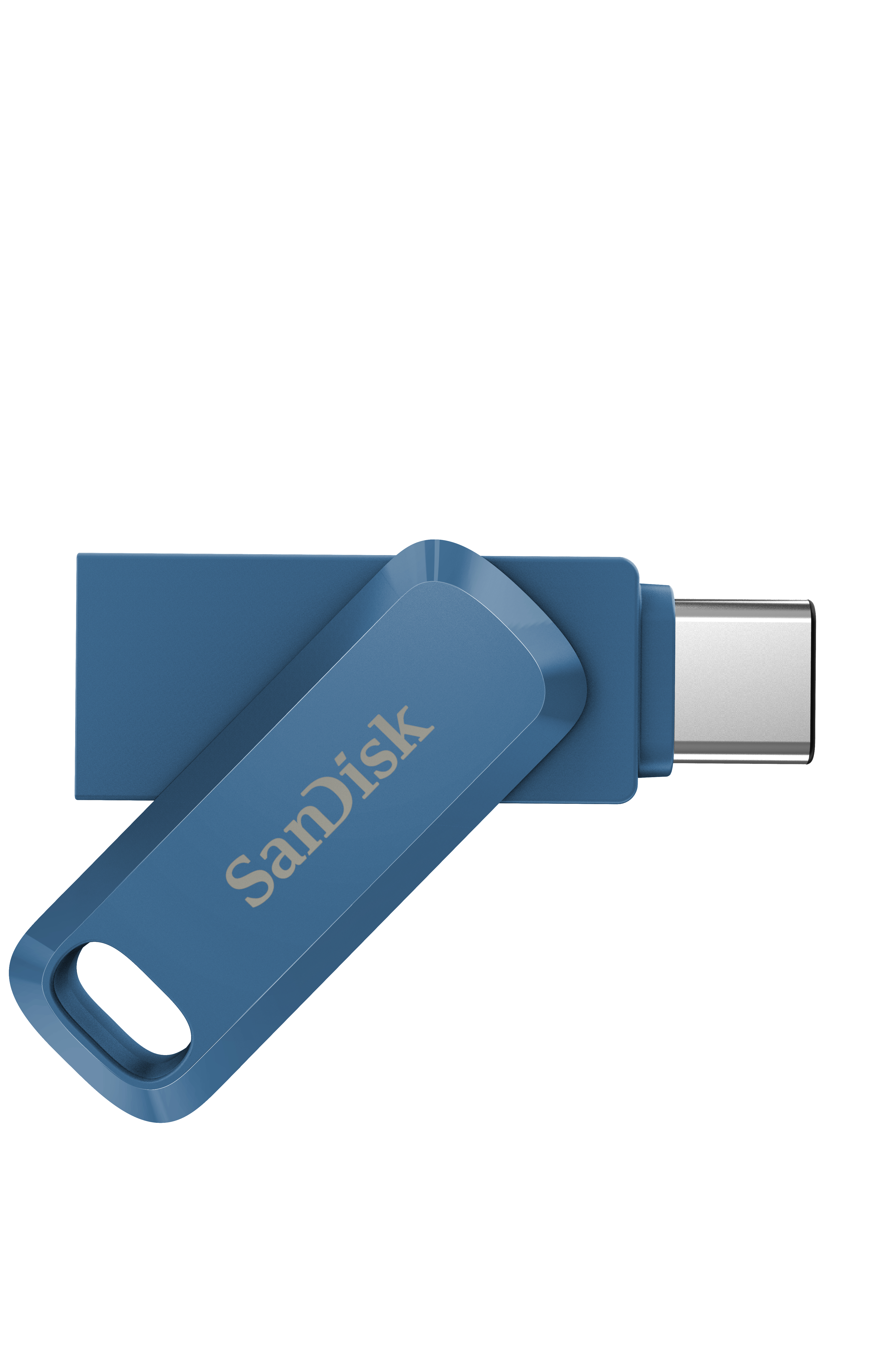 Ein blauer SanDisk USB-Stick mit sichtbarem Logo. Die Kappe ist geöffnet.