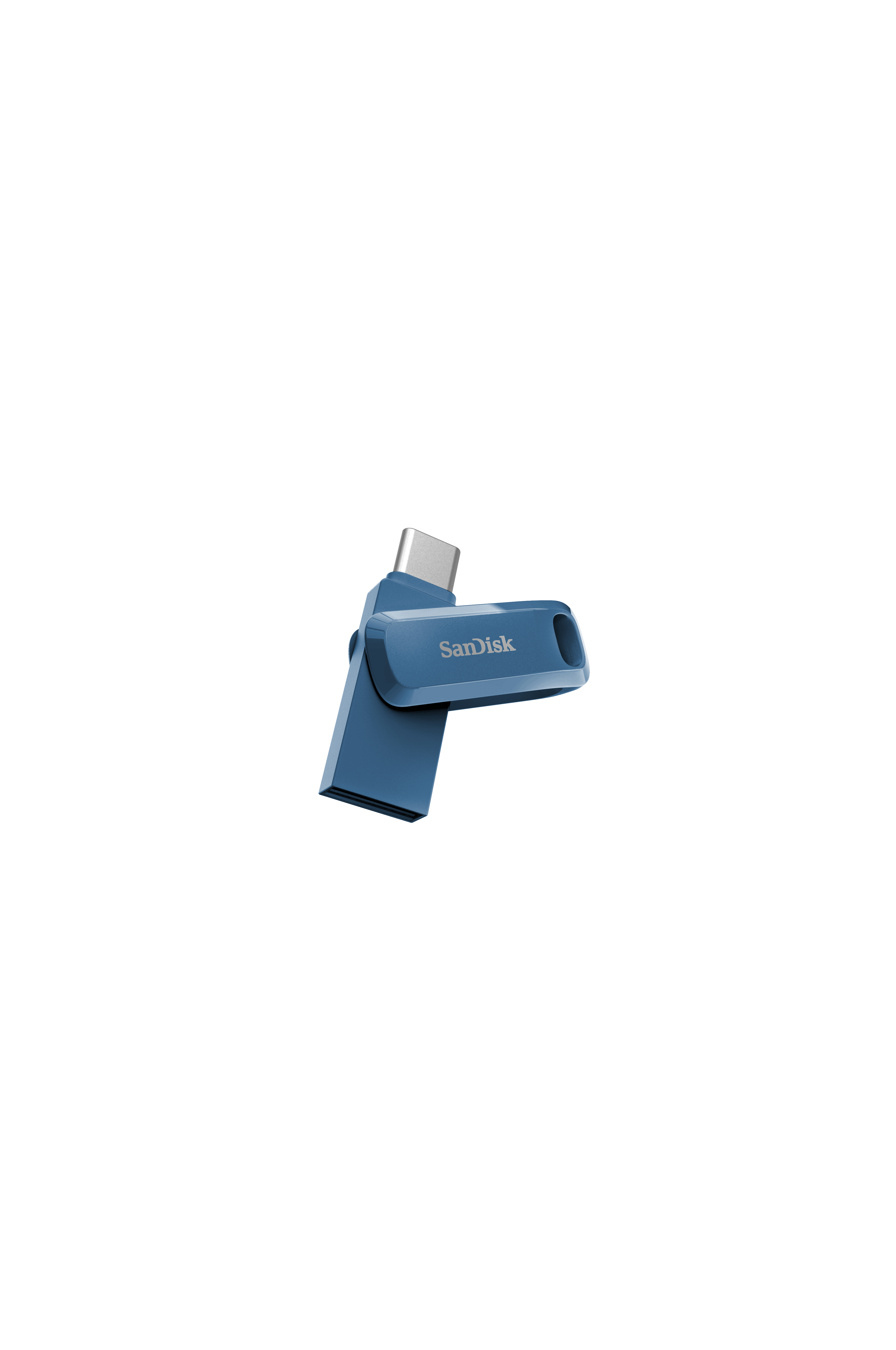 Blauer USB-Stick mit Drehdesign vor weißem Hintergrund.