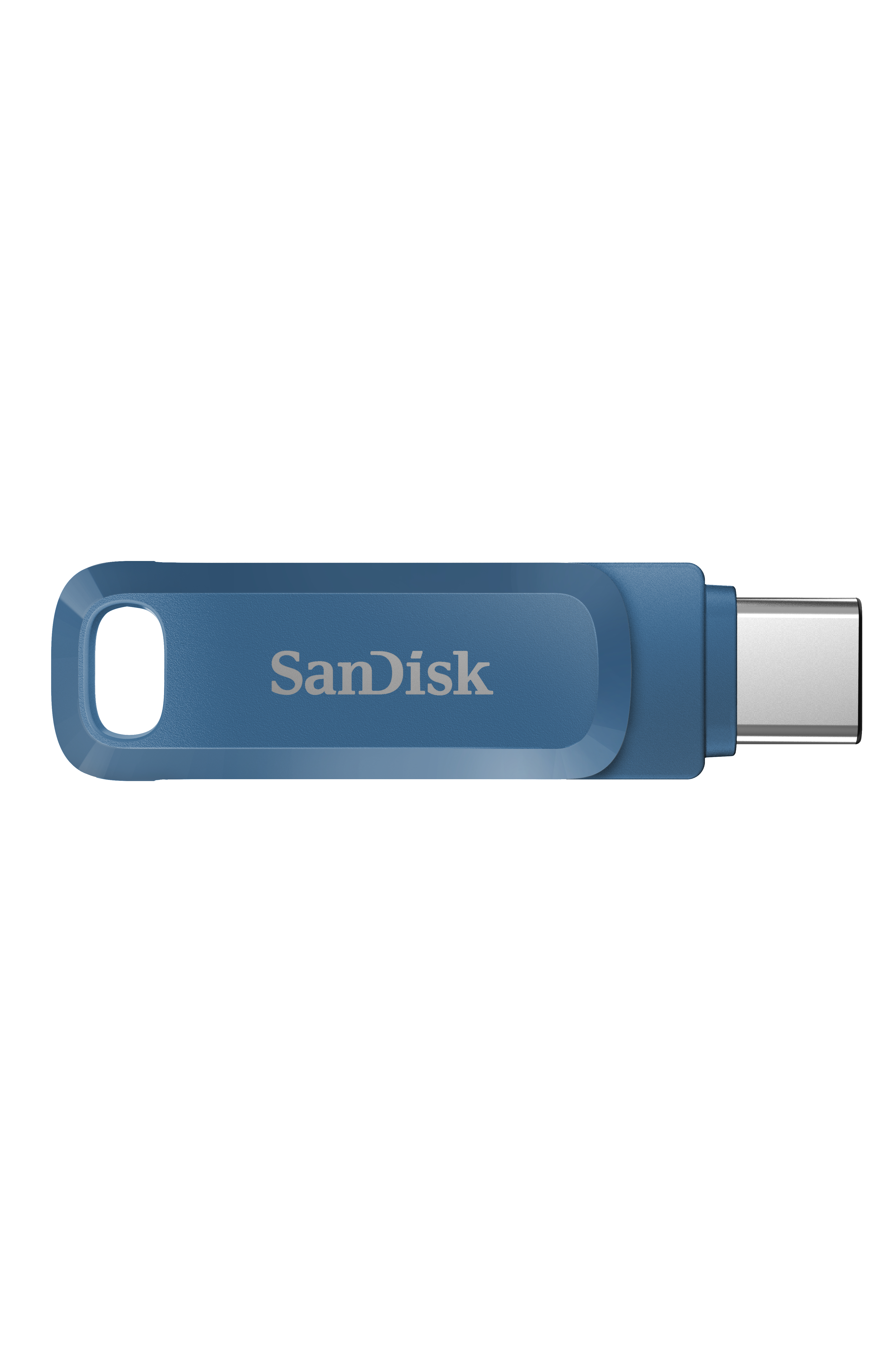 Blauer USB-C-Flash-Laufwerk auf weißem Hintergrund. Das Laufwerk hat eine Schlaufe und Sandisk-Schriftzug.
