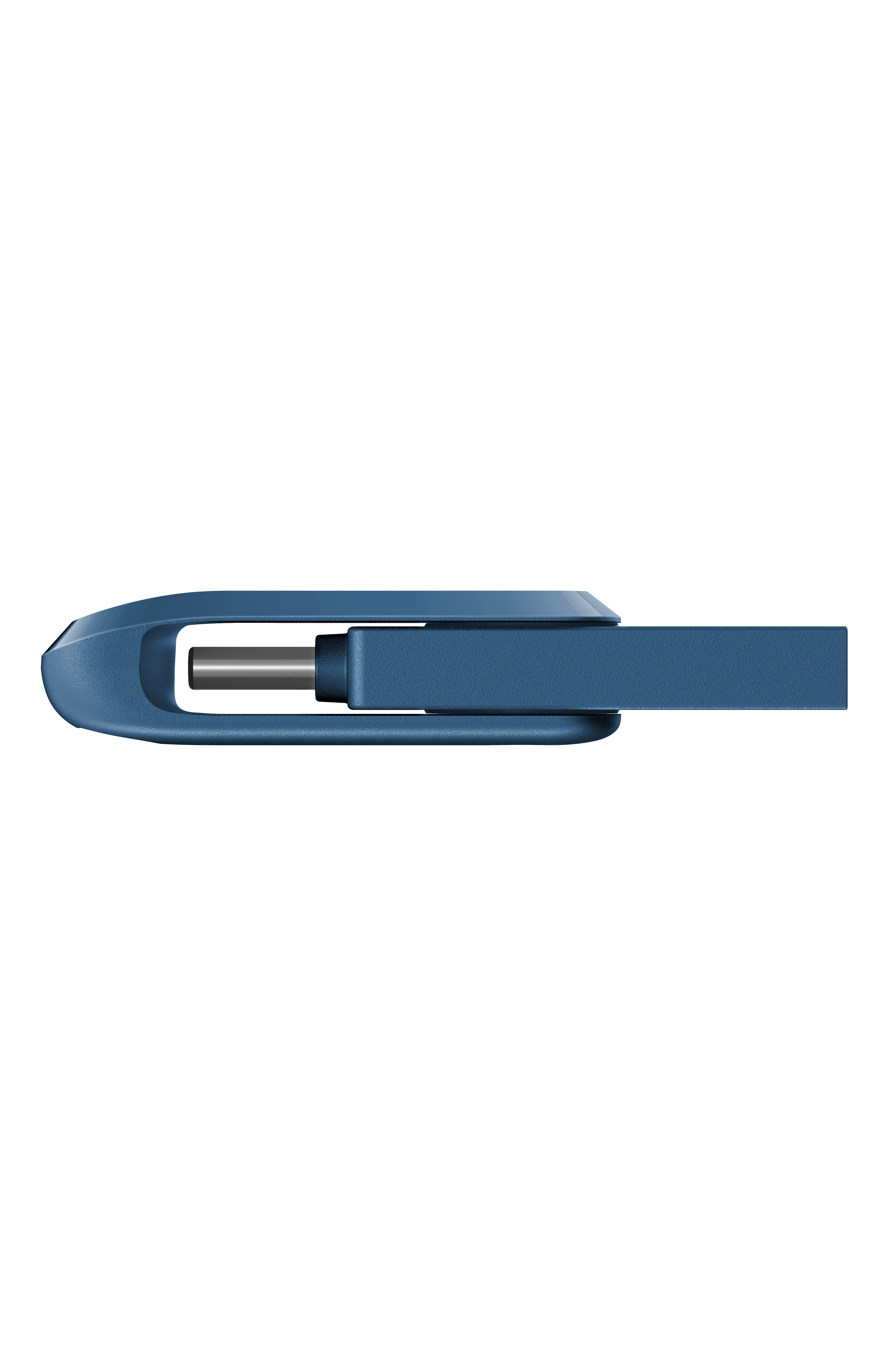 Blauer SanDisk USB-Stick. Der USB-Anschluss und die Schlaufe sind sichtbar. Das Design ist stromlinienförmig.