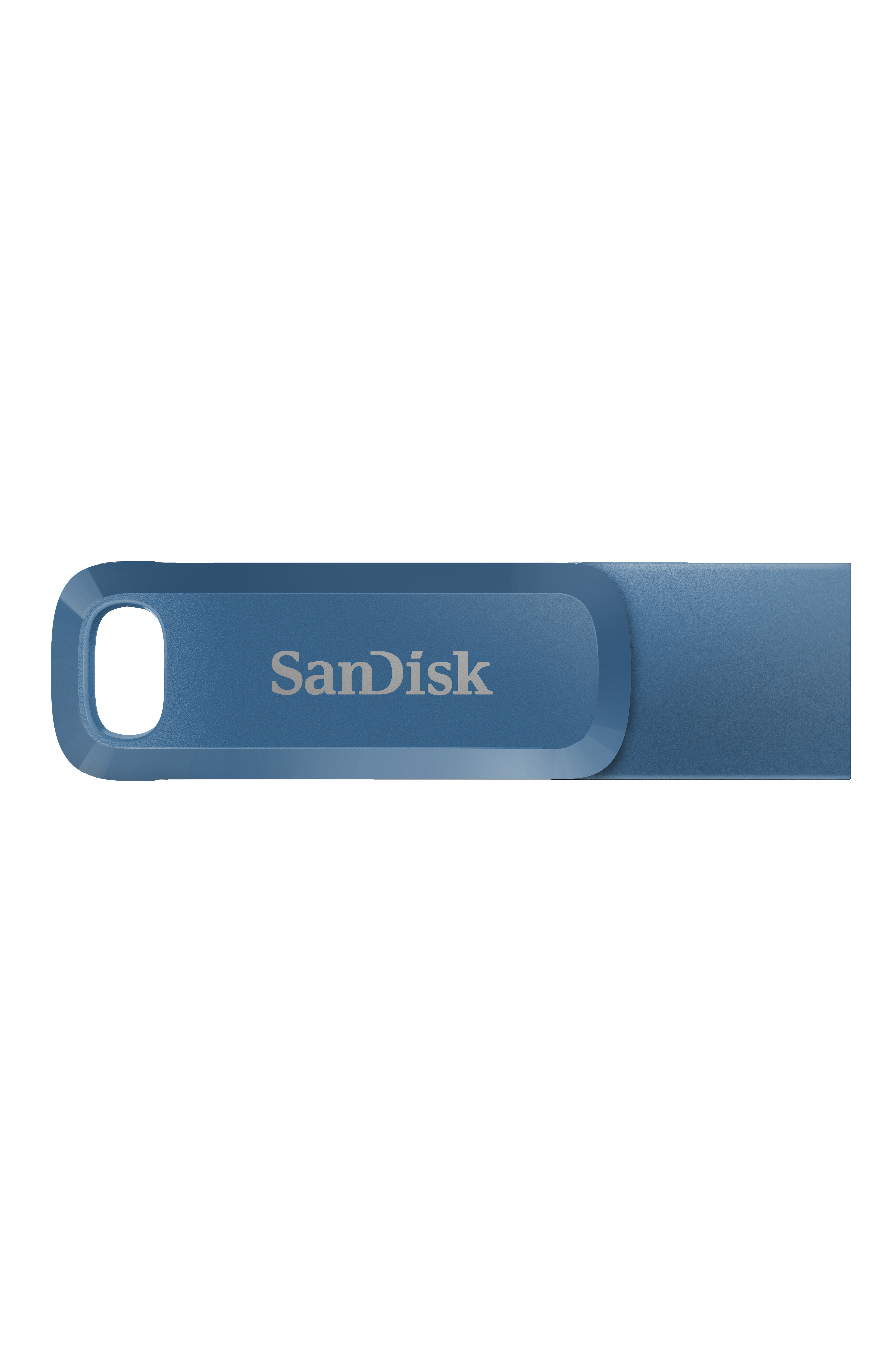 Ein blaues Sandisk-USB-Laufwerk ist vor weißem Hintergrund zentriert. Es hat an einem Ende eine Schlaufe.