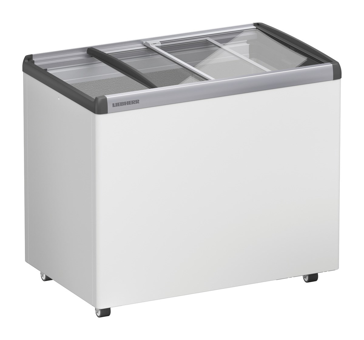 Weißer Kühlschrank mit zwei Glastüren oben. Schwarzer Rahmen um die Türen. Räder sind sichtbar.